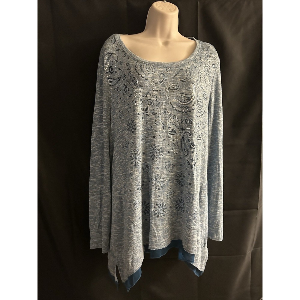 Cato Flare Bottom Blue Dazzle Top Paisley Blouse Womens Large L Long Sleeve